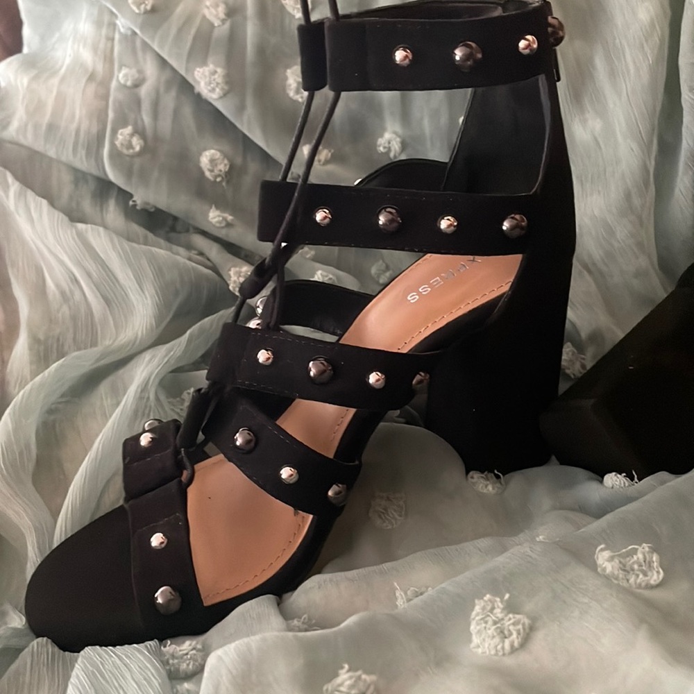 Express Black and Silver Strappy Heels with Studded Details